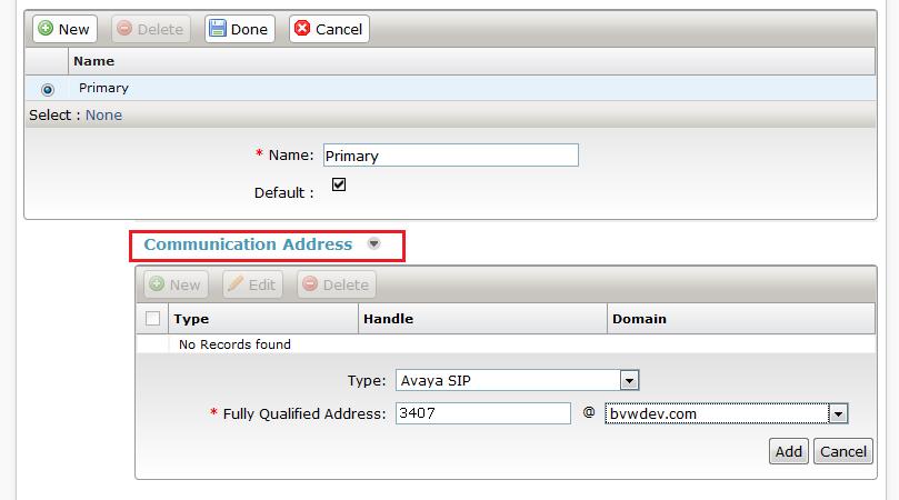 In the Communication Address section, for Type select Avaya SIP from the drop down list.