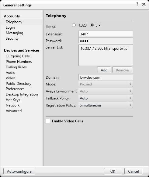 From the one-x Communicator window, click Settings Accounts Telephony and enter the SIP user and password as