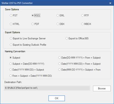 Save Files using Naming Convention Stellar OST to PST Converter - Technician, allows you to save the repaired files in MSG, EML, RTF, HTML and PDF formats.