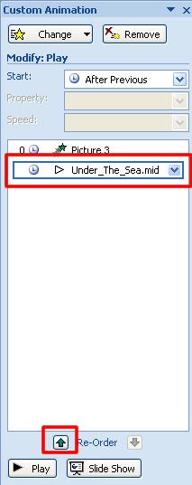 Click on the music file to select it then click the up arrow to move it to the start of your custom animation list.