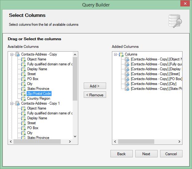 Chapter 2 External Data Connector Features External Data Connector Tools 5. Select the columns which should be included in the query.