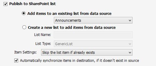 Chapter 2 External Data Connector Features External Data to SharePoint 2. If the data from external data source has to be published in a list as list items, select the Publish to list option.