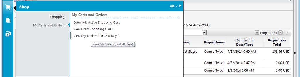 Viewing Recently Completed Orders Less than 90 Days Once the cart has been completed and the PR becomes a PO, it can be located by using the Shop