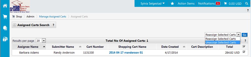 a. Unassign a cart: Enable the Select checkbox(es) for the cart(s) to assign BACK to the original shopper/assigner. From there, they can determine who they would like to assign the cart to.