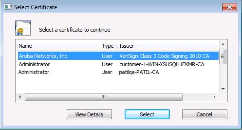 Select Certificate Dialog If VIA connection profile is configured to use a certificate, then a dialog appears to select a certificate, as shown in the following figure: Figure 10 Select