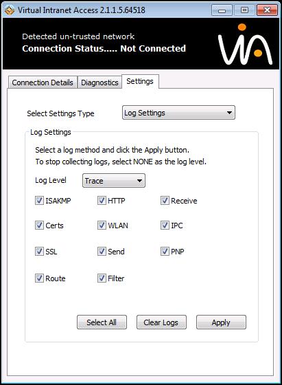 Figure 21 Settings Tab- Log Settings Proxy Settings Allows you to set your proxy connection, if