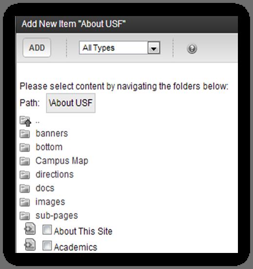 To add to the navigation menu, click Add. 2. Select Submenu, and click Next. 3. Enter Title. (Title is the name of your page and is your nav text.) 4. Click the SAVE icon. 5.