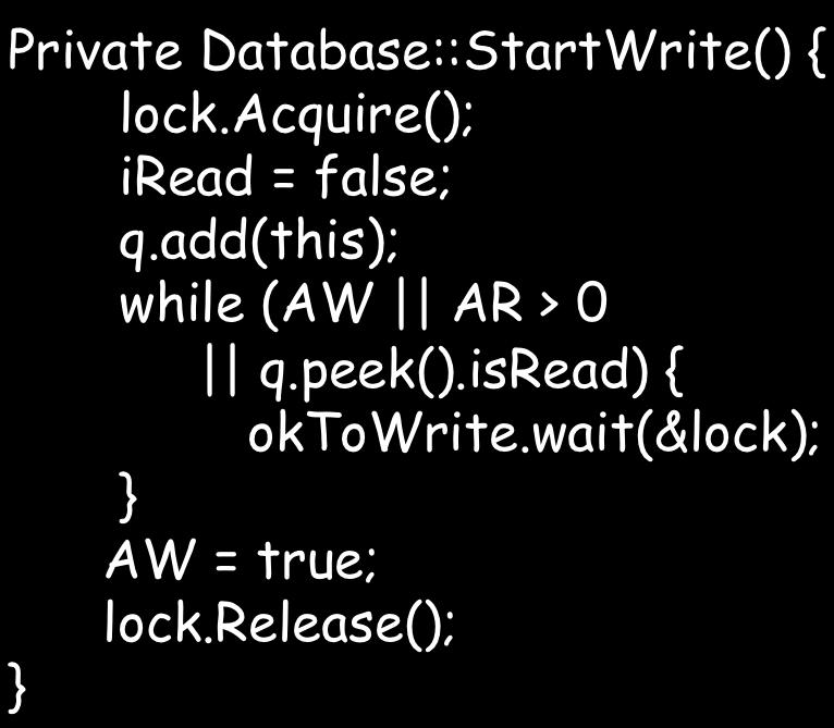 lock; Database::Write() { StartWrite(); Access database; DoneWrite(); Private Database::StartWrite() {