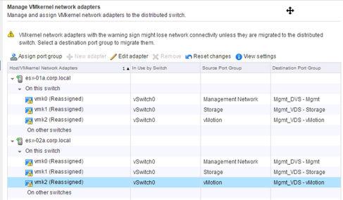 For example, this screen shows two hosts with their vmnic0 uplinks configured to migrate from their respective standard vswitch to the distributed Mgmt_VDS-DVUplinks port group, which is a