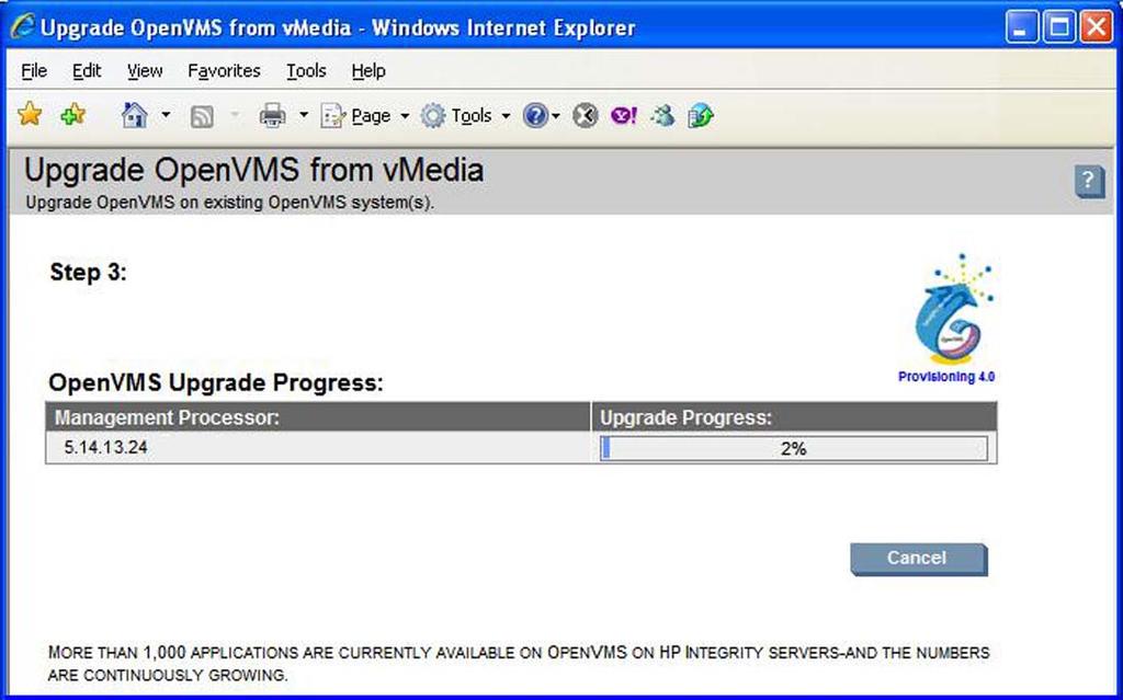 This image illustrates the progress of provisioning OpenVMS from vmedia. 9.
