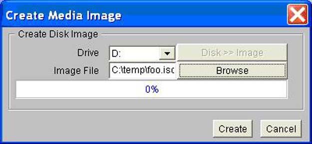 7. From the Virtual CD/DVD-ROM dialog box shown in the following example, make sure the Local Media Drive option is selected, and then click Create Disk Image: 8.