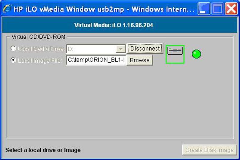 9. The Virtual CD/DVD-ROM dialog box appears, as in the following example. Select the Local Image File option, and then browse for the created ISO image file that you want vmedia to access.