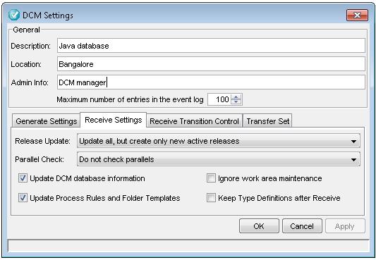 From the Receive Setting tab, a user can configure following settings Release Update: Controls what actions, if any, are taken for release definitions on DCM receive.