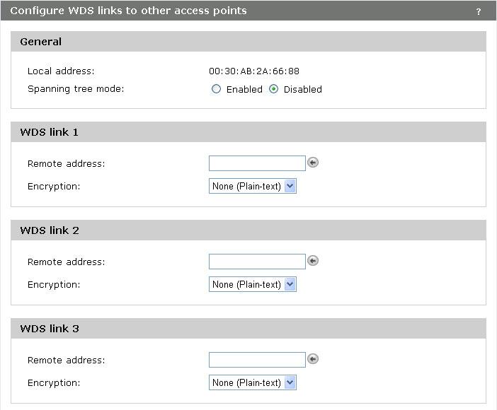 WDS configuration To view or add a WDS link, select Wireless > WDS. General Local address Shows the MAC address of the wireless port on the M220.