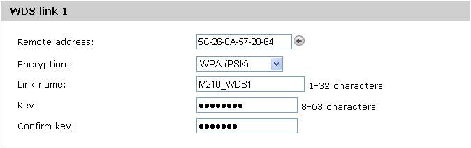 Set Encryption to WPA (PSK). Set the Link name to M220_WDS1. Set Key to a39xm210. 8. Select Save. C.