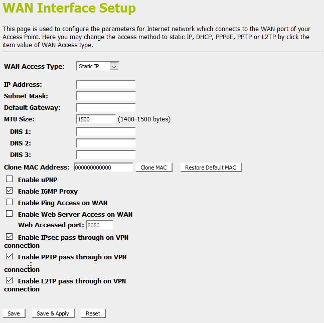 3. From the WAN Access Type drop-down list, select Static IP setting. 4.