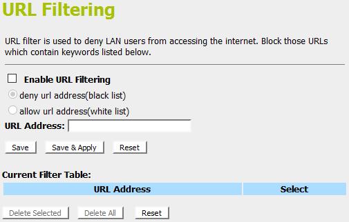URL filtering for specified URL Address Please follow example below to deny LAN users from accessing the Internet. 1.