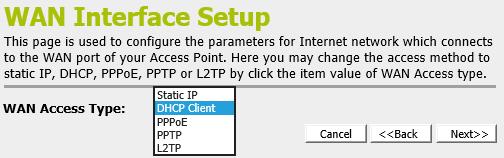 WAN Interface Setup This page is used to configure the parameters for Internet network which connects to the WAN port of your Access Point.