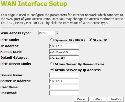 PPTP In this mode, the device is supposed to connect to internet via ADSL/Cable Modem. The NAT is enabled and PCs in four LAN ports share the same IP to ISP through WAN port.