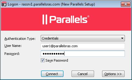 Click OK to proceed. Specify the credentials to connect to the Parallels Remote Application Server and click Connect.