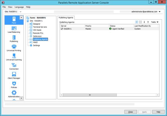 To install a Backup Publishing Agent on the Parallels farm, follow the procedure below: 1. Launch the Parallels Remote Application Server Console. 2.