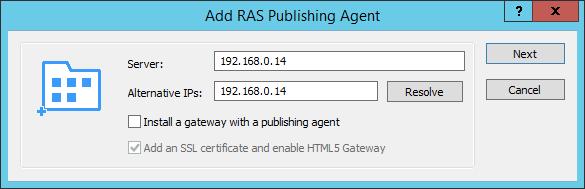 Note that you should already have one publishing agent listed, which is installed on the Parallels Remote Application Server server, the first server where