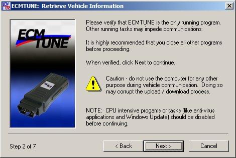 6.2.1 Step 1 Confirmation of retrieving vehicle information 6.2.2 Step 2 Verify ECMTUNE is the only program running.
