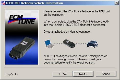 6.2.5 Step 5 Vehicle connection verification Please be sure the CANTUN interface is connected to the vehicle and the USB port of the computer. Once both connections have been made, click Next. 6.2.6 Step 6 Ignition Position Please turn the ignition switch to the RUN position.