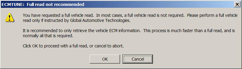 6.5 Read Vehicle This is only selectable once a vehicle selection is complete. This button will take you to a wizard to read the full vehicle software from the ECM and save it to a local file.