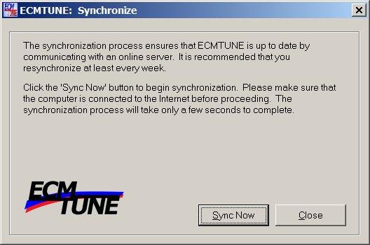 9 Synchronization Synchronization is required at least every two weeks to ensure ECMTUNE is up to date.