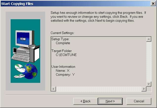 The system installs files and sets up icons. Once this is complete, the following screen will be displayed. Click on the Yes, Launch the program file if you would like ECMTUNE to open immediately.