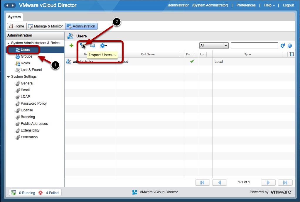 8. Click Users and import a vsphere SSO
