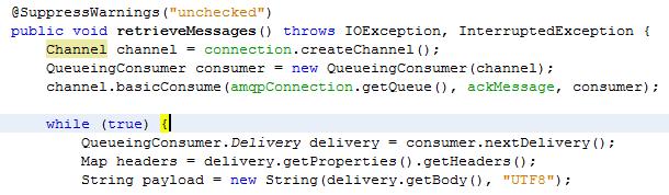 The following simple (Java) example loops over a queue, waiting on the delivery of the next message.