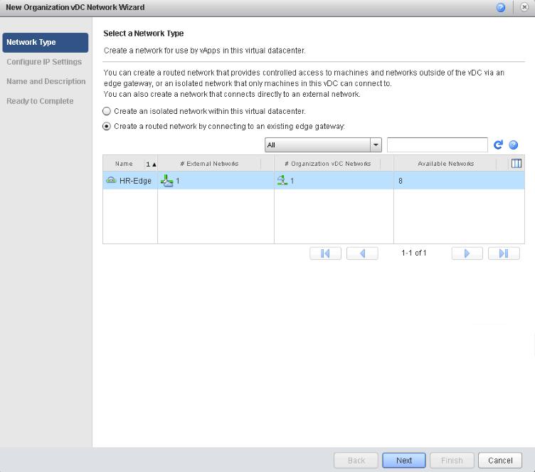 3. The New Organization vdc Network Wizard is displayed. After completing this screen, click Next. The organization administrator cannot create direct connections to external networks.