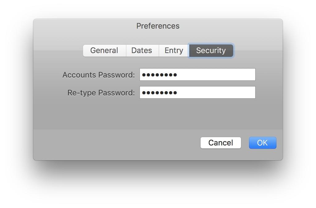 Security The Security preferences let you set an Accounts password so unauthorized visitors won t be able to open your Accounts document.