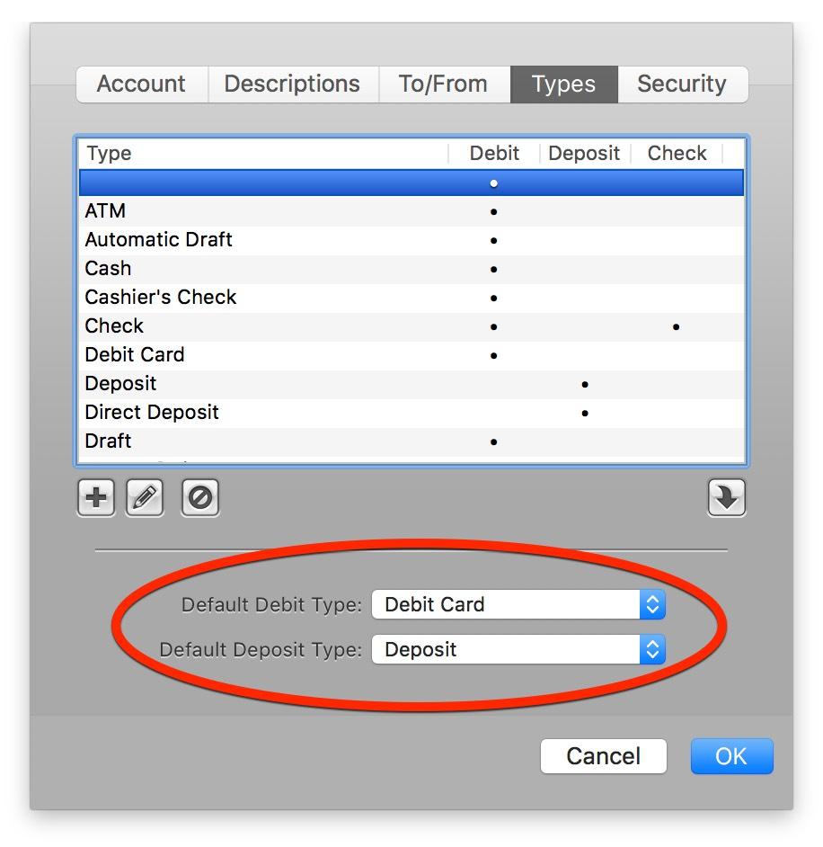 Account options: Default Types Here you can see two menu buttons for choosing the default Type