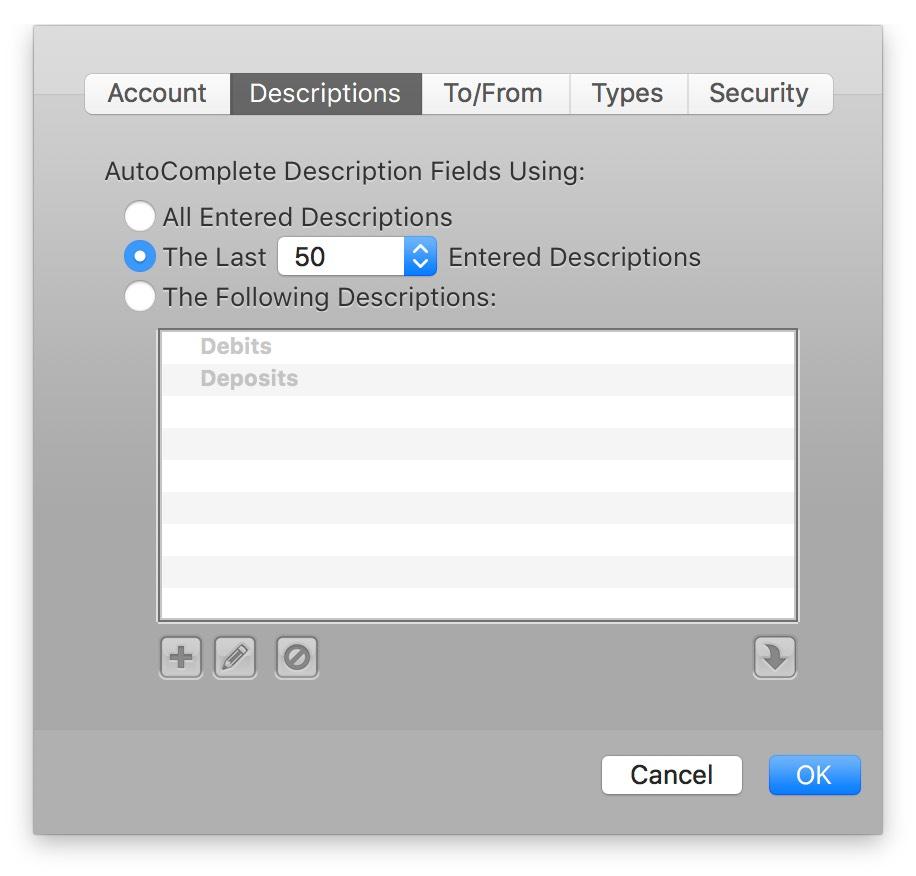 Account options: Descriptions The Descriptions section in the Account options lets you set up how CheckBook Pro autocompletes Descriptions in Entries and Scheduled Entries.