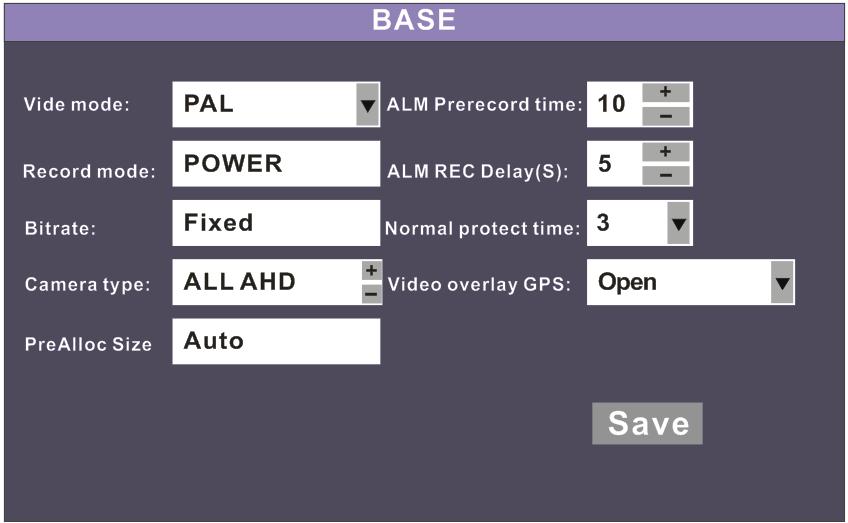 3.1 Base Setting Instruction: 1.Video mode: Press Enter to select PAL/NTSC 2.Record Mode: Press Enter to choose select Power/ Alarm/Timed 3.Bitrate: it is a fixed item, you can not set it here. 4.