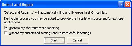 Detect and Repair Selecting this option under the Help drop down menu will display the following dialog box. Click on the Start button and follow through the on-screen prompts.