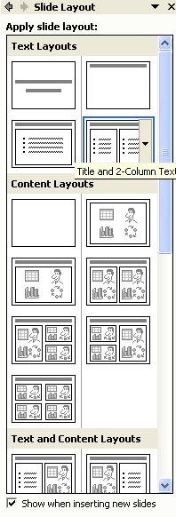 PAGE 23 - ECDL MODULE 6 (USING POWERPOINT XP) - MANUAL This will display the Slide Layout task pane. Select the required slide layout. 6.2.2.3 Change background colour on specified slide(s), all slides.