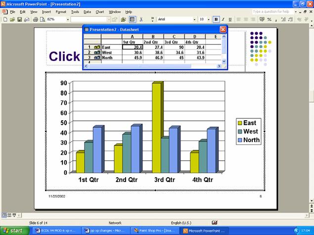 PAGE 49 - ECDL MODULE 6 (USING POWERPOINT XP) - MANUAL By default a column chart will be created. You can modify the data as required.