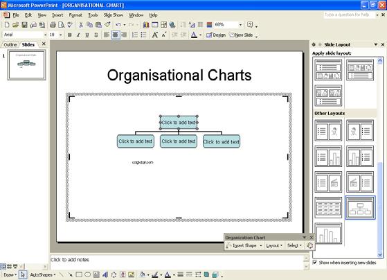 PAGE 55 - ECDL MODULE 6 (USING POWERPOINT XP) - MANUAL To enter information into an organisation chart box Enter the data into the boxes, overtyping the existing text (i.e. Click to add text).
