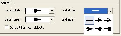 To change the arrow end style, click on the down arrow to the right of the End Style section of the dialog box, and select the required style.
