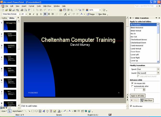 PAGE 67 - ECDL MODULE 6 (USING POWERPOINT XP) - MANUAL What are slide show transitions?