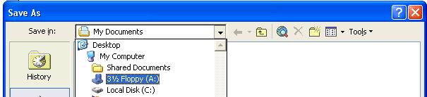 Click on the down arrow to the right of the Save in section of the dialog box, which will display a drop down menu, as illustrated. Select the 3 1/2 Floppy (A:) icon.