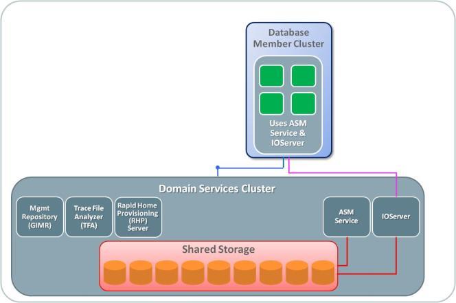 Database Member Cluster configured with directly attached shared storage This configuration takes the concept of the Oracle Standalone Cluster that one step further, by not only offloading the