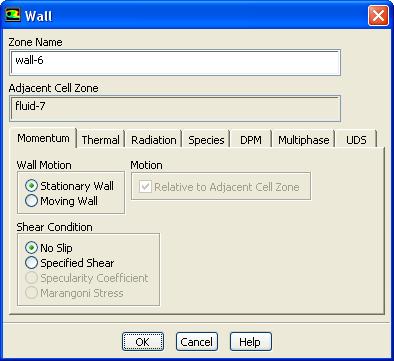 3. Accept the default settings for the disk walls (wall-6). Boundary Conditions wall-6 Edit... (a) Click OK to close the Wall dialog box.