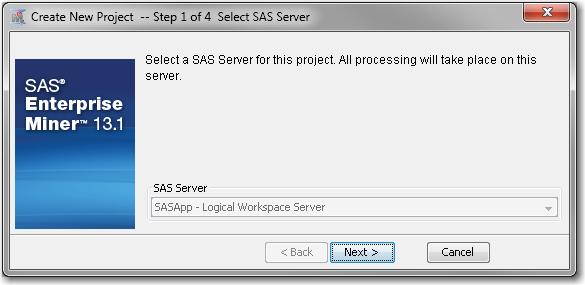 Verify the Installation 37 In the Create New Project window, accept the default SAS Server and click Next. In the Project Name text box, enter Test1.