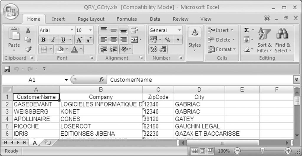 2 Exporting the query result to an Excel file For the next operation, we consider that the result of the query test is displayed in the editor. To export the query result to an Excel file: 1.