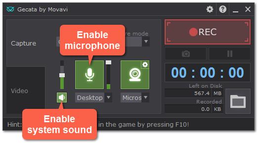 The button appears green when enabled. Microphone You can record audio from your webcam's built-in microphone, or use an external microphone for better sound quality: 1.